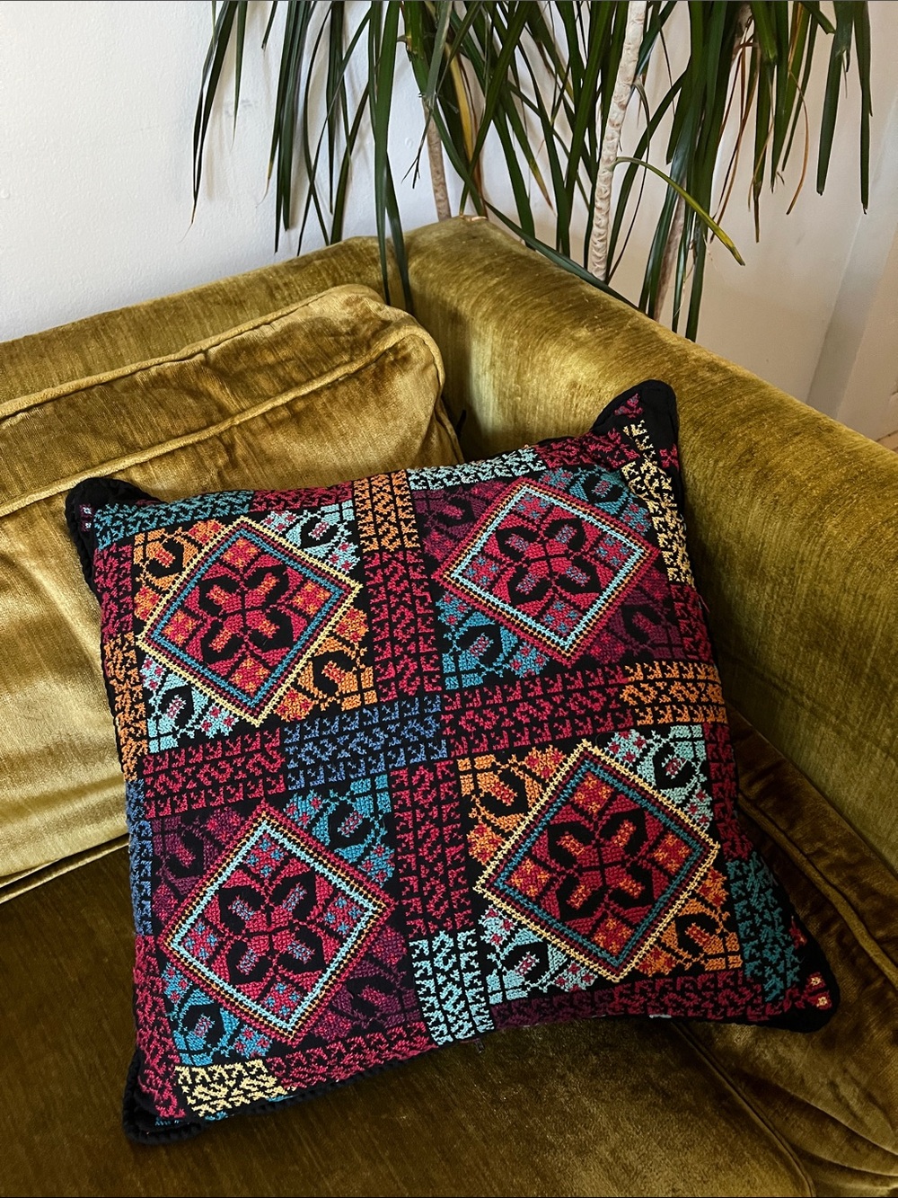 Geometric Accent Pillow in Black & Red Embroidered